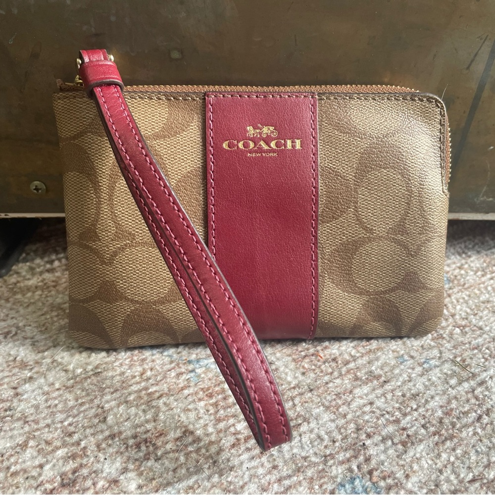 Coach Tan and Red Signature Wristlet